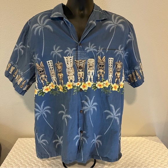 KY’S Made In Hawaii U.S.A. Men's Blue with Tikis Short Sleeve Hawaiian Shirt Men - Picture 1 of 13